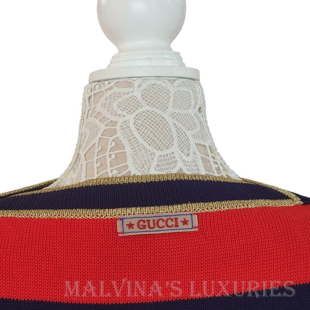 GUCCI SWEATER STRIPED COTTON RED & BLUE JUMPER w LOGO BUTTONS - Picture 9 of 15